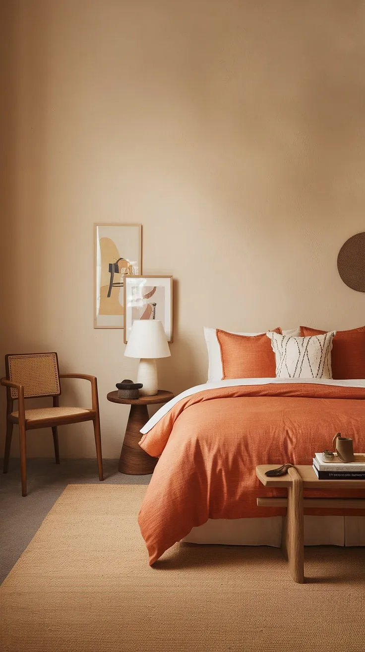 Redecorate your bedroom with this classy bedroom design. A simple yet aesthetic bedroom, featuring a warm orange bedspread – perfect room inspiration for your new bedroom and interior design per la casa.