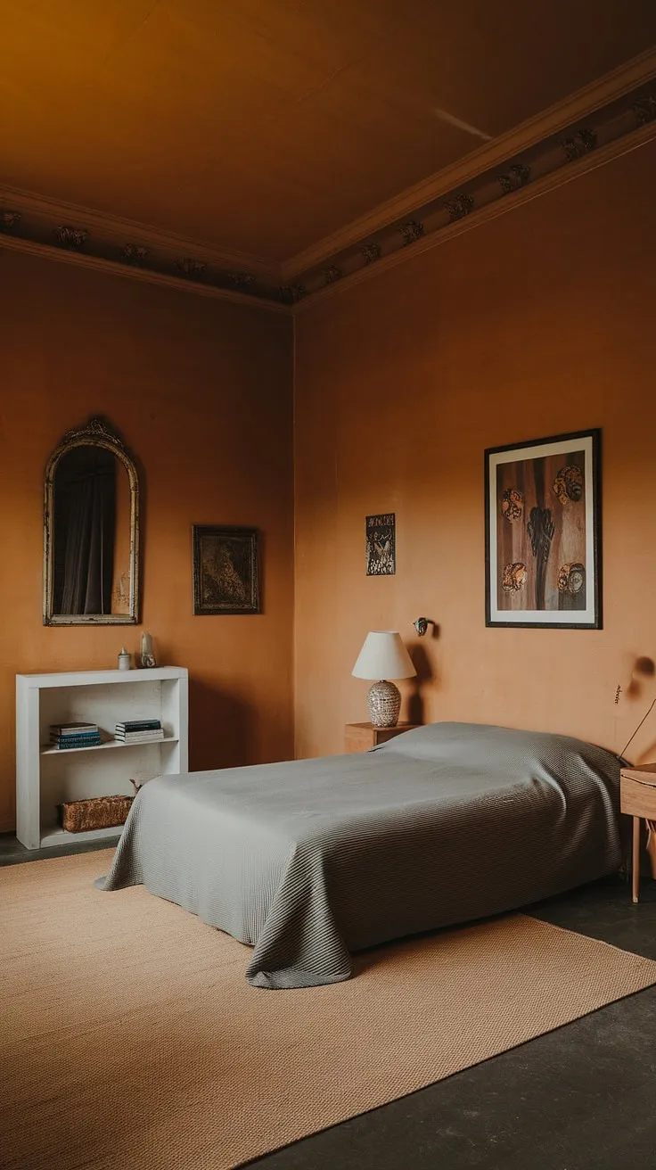 Redecorate your bedroom with this simple bedroom design as inspiration. The aesthetic bedroom features a warm orange hue, a grey bed, and minimal furniture for a classy bedroom feel. A wooden side table, white bookshelf, and a few carefully chosen decorative items complete the look. This new bedroom is a perfect example of elegant interior design per la casa, offering room inspiration bedroom for a tranquil and stylish space.