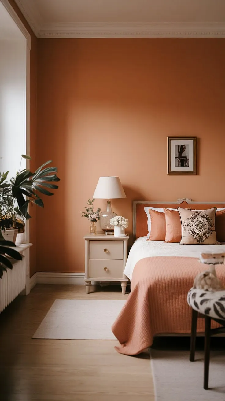 Redecorate your bedroom and achieve this classy bedroom aesthetic. The soft orange walls and simple design create a calming atmosphere. This new bedroom is a perfect example of room inspiration bedroom, showcasing how effective minimalist interior design per la casa can be. The light wood floors and subtle details elevate the space, making it a haven of tranquility.