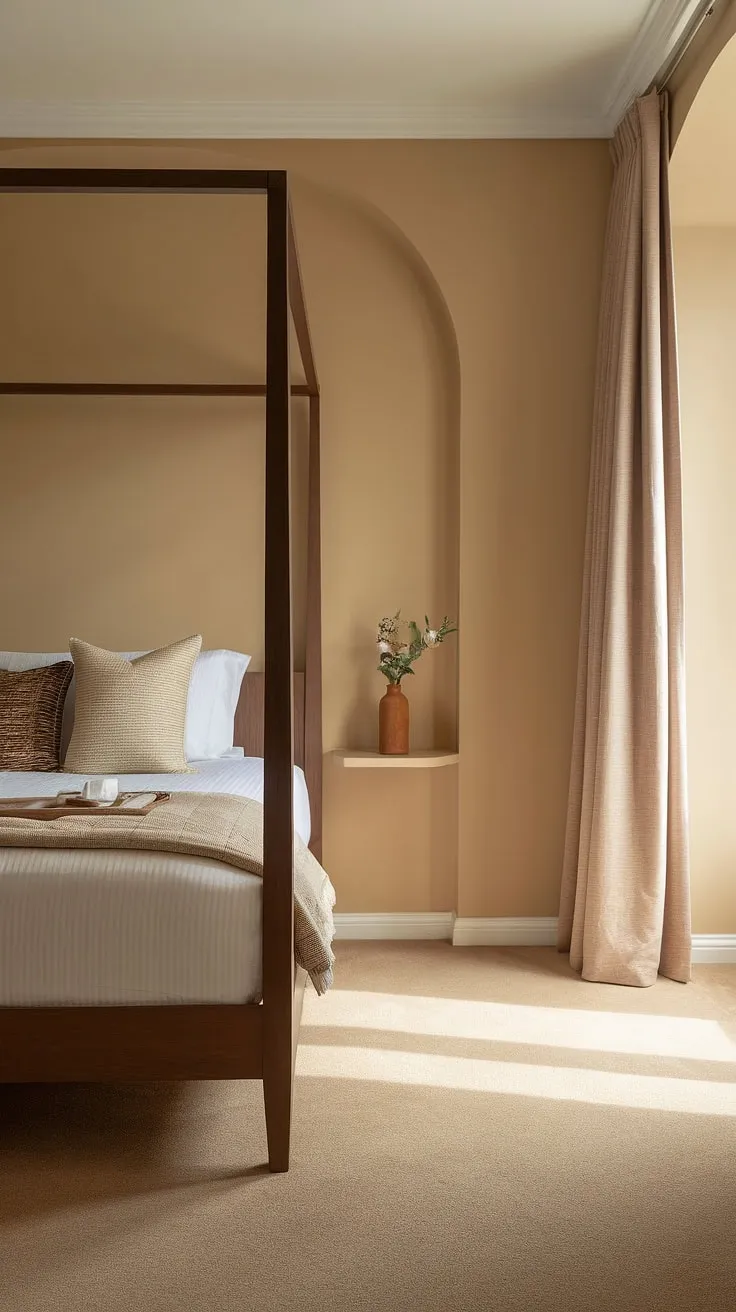 Warm lighting bathes this simple bedroom in a classy aesthetic. The brown wooden bed frame and beige walls create a serene atmosphere, perfect for a restful night's sleep. This room inspiration bedroom showcases how easy it is to redecorate bedroom space with a few key pieces, achieving a sophisticated and calming orange bedroom interior design per la casa. It's the perfect example of a new bedroom done right.