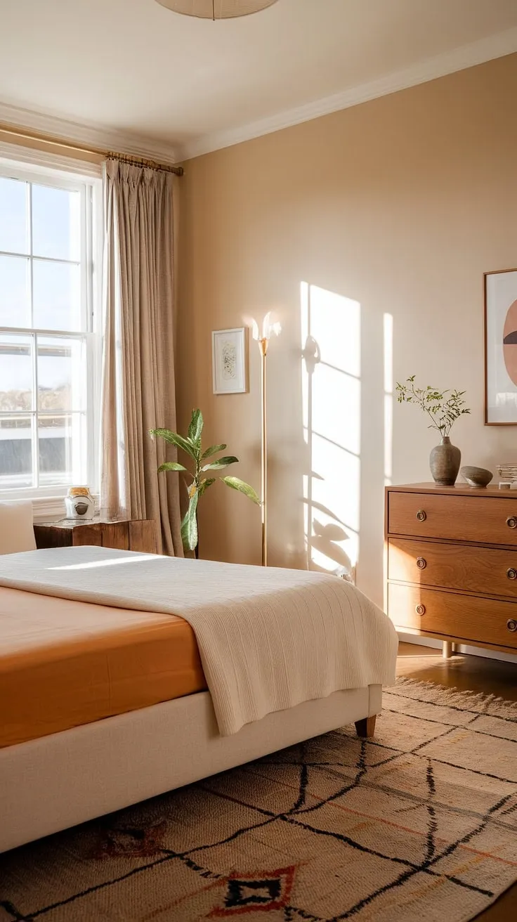 Sunlight streams into this simple bedroom, illuminating the crisp white bed dressed in cheerful orange sheets. The beige walls and wooden dresser create a classy bedroom aesthetic, perfect for those looking for room inspiration bedroom or considering a redecorate bedroom project. This interior design per la casa showcases a calming and sophisticated space, ideal for a new bedroom.