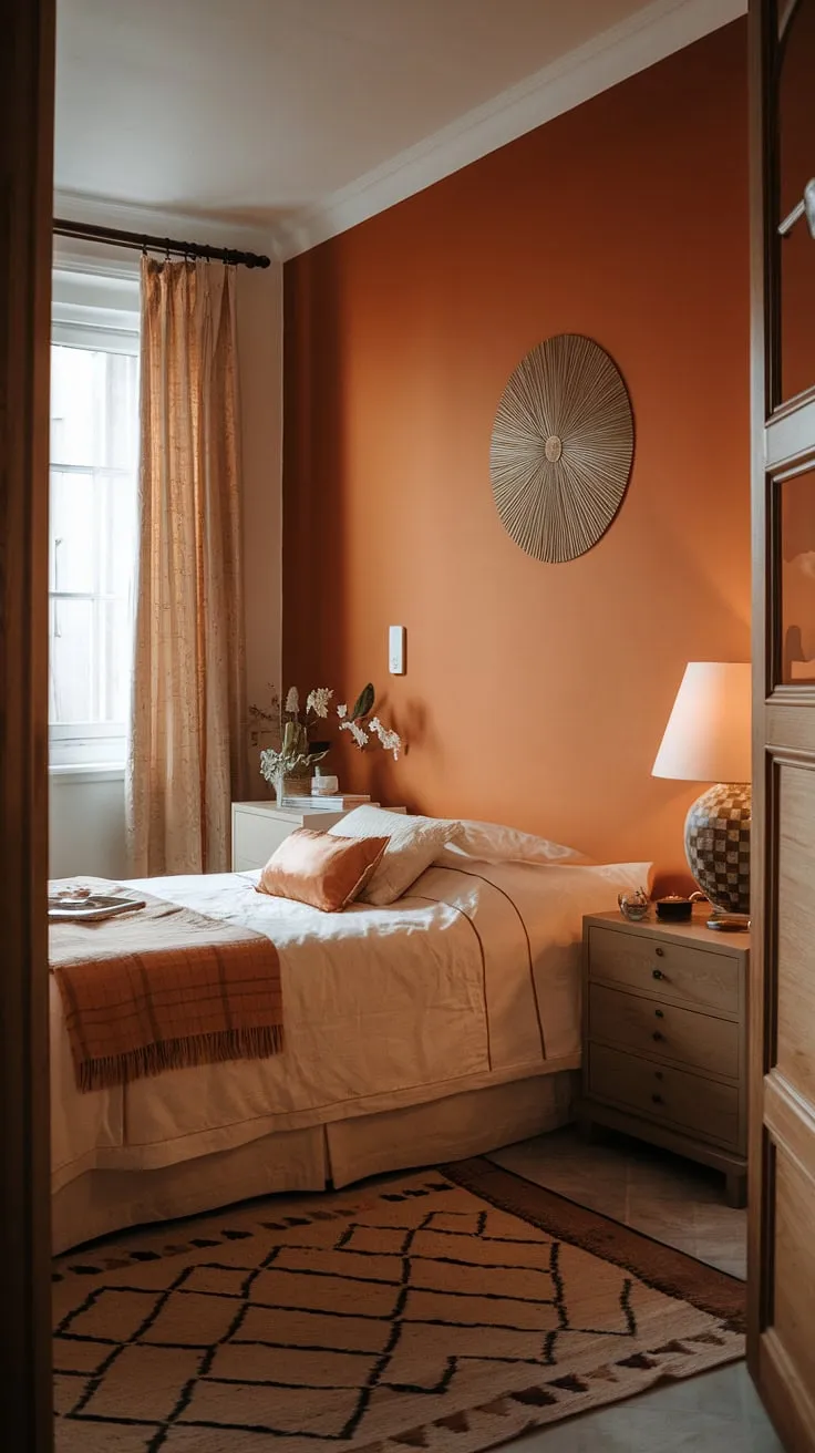 Redecorate bedroom? This aesthetic bedroom is the perfect example of less-is-more. The orange accent wall adds a touch of personality to this classy bedroom, creating a warm and inviting atmosphere. Simple bedroom design at its finest, offering great interior design per la casa ideas and serving as excellent room inspiration bedroom for your new bedroom.