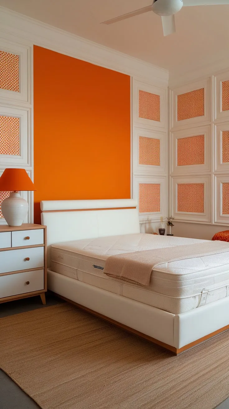 Redecorate your bedroom with this room inspiration! This new bedroom features a stunning orange accent wall, creating a classy bedroom aesthetic that's both simple and sophisticated. The white furniture and beige rug complement the orange perfectly, offering a calming and stylish interior design per la casa. This bedroom orange theme is the perfect starting point for your next home makeover.