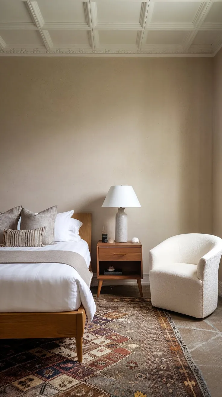 Redecorate your bedroom with this classy bedroom design as inspiration. The simple aesthetic features beige walls, a patterned rug, and a wooden bed with crisp white sheets. A touch of orange adds warmth, while the white chair and patterned ceiling complete the interior design per la casa. This room offers a perfect blend of simple and sophisticated, ideal for a new bedroom or a refreshing update.