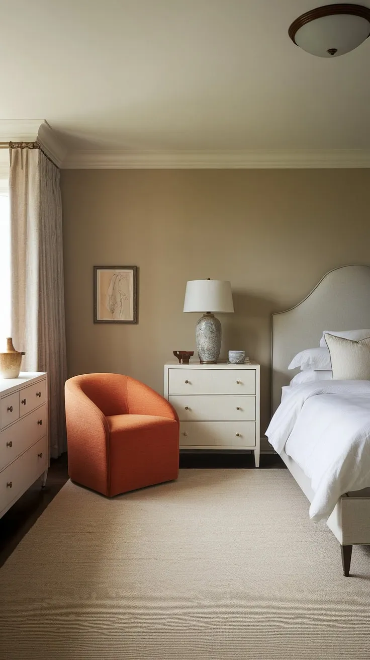 Redecorate your bedroom with this simple yet classy bedroom aesthetic. The pop of orange adds a touch of warmth to this serene space. Perfect room inspiration for your new bedroom. Interior design per la casa at its finest.