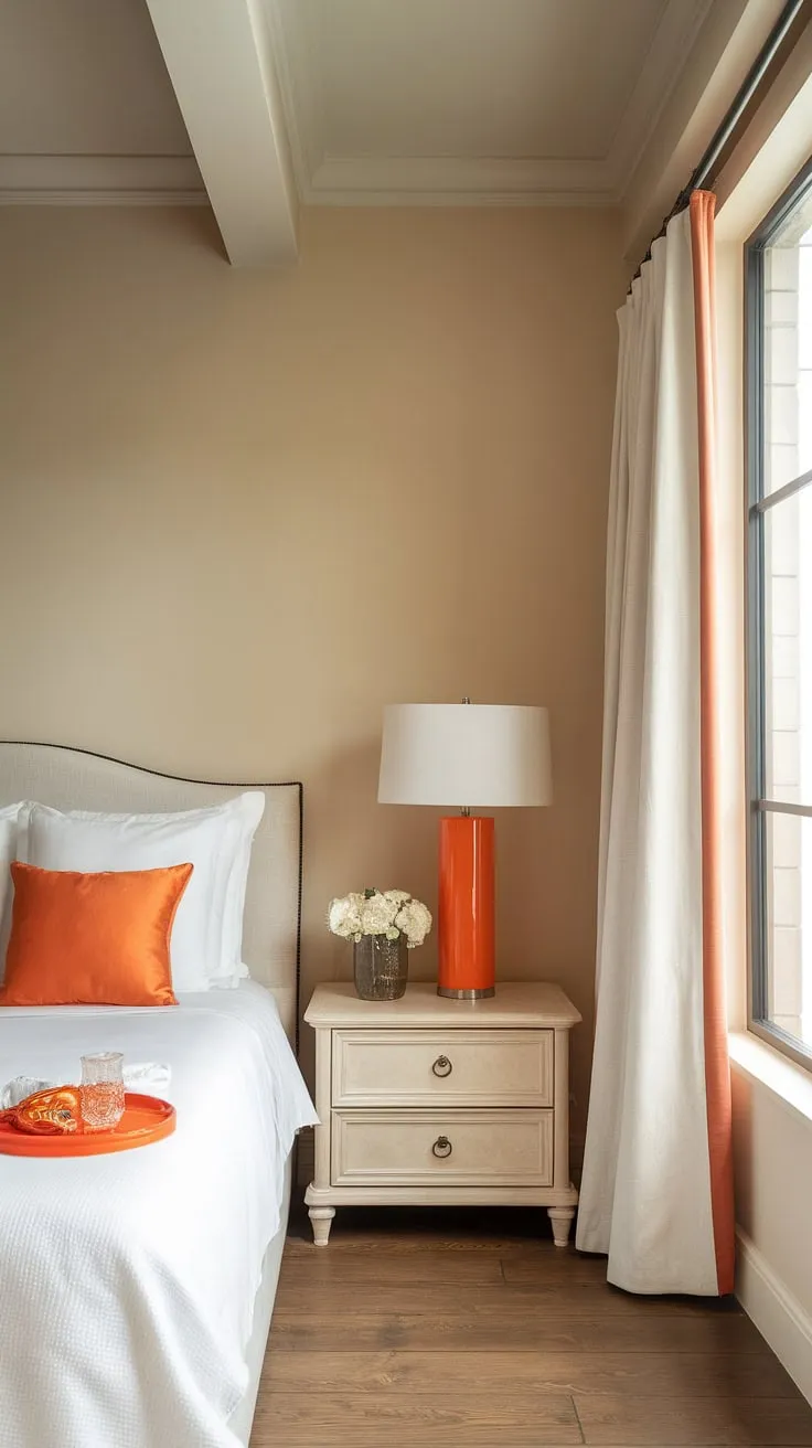 Redecorate your bedroom with this aesthetic bedroom design. The simple bedroom features a calming beige palette punctuated by cheerful orange accents in the throw pillow and bedside lamp. This classy bedroom, with its large window and warm wood floors, provides ample room inspiration for your new bedroom. The overall effect is one of understated elegance, a perfect example of interior design per la casa that's both stylish and serene. This bedroom orange scheme is easy to replicate for a fresh, updated look.