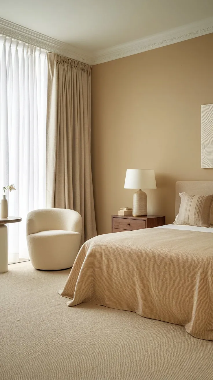 Transform your bedroom into a haven of calm with this aesthetic bedroom design. The beige palette, dark wood accents, and simple furnishings create a classy bedroom that's both stylish and functional. This room inspiration bedroom is perfect if you're looking to redecorate bedroom and create a new bedroom that's effortlessly chic. Consider adding a pop of color, perhaps a subtle orange, to personalize the space and complete the interior design per la casa.