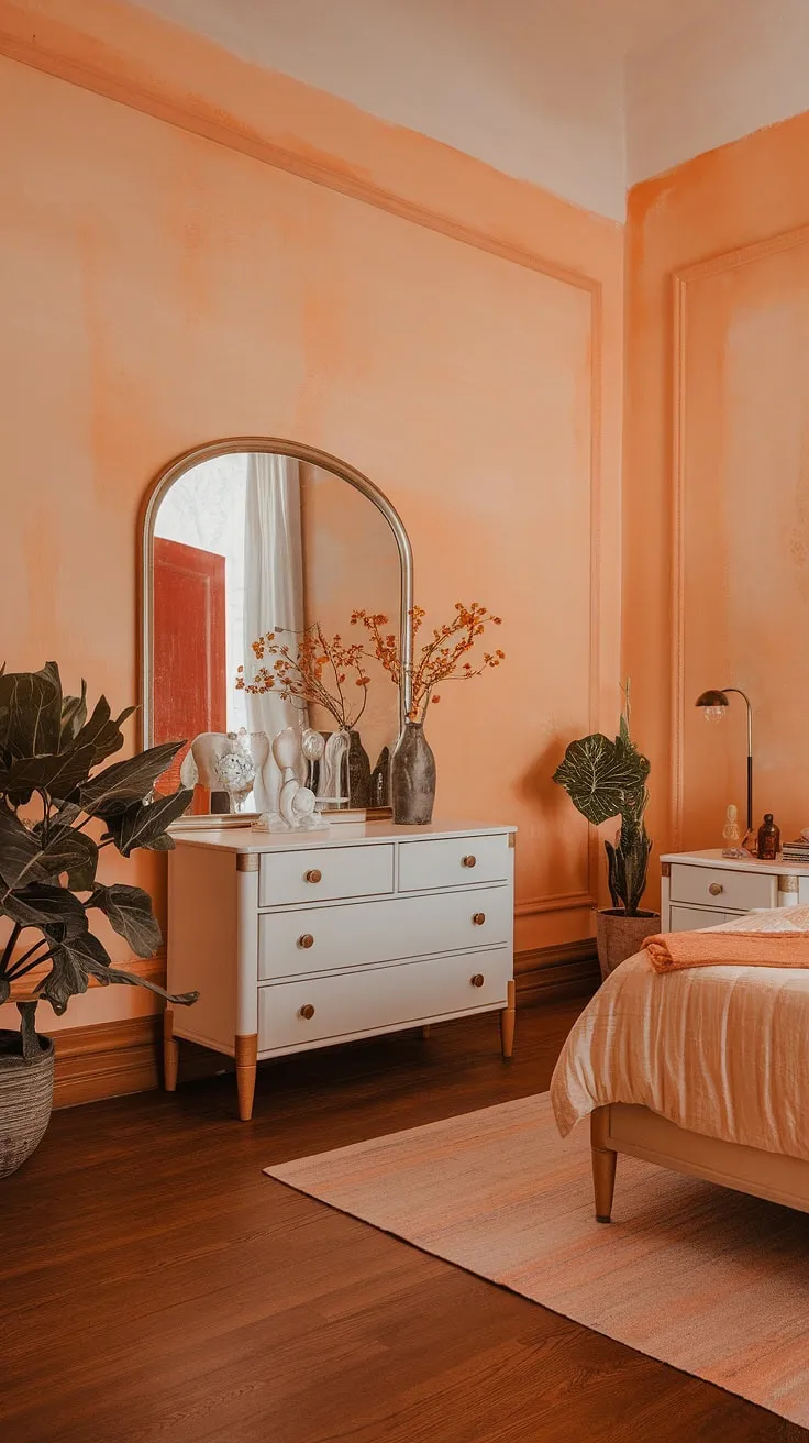 Redecorate your bedroom and create a haven of calm with this aesthetic bedroom design. The soft orange walls and white furniture create a classy and simple space, ideal for those seeking room inspiration. The wooden floors add warmth, while the carefully chosen plants and reading lamp enhance the overall ambiance. This new bedroom is a testament to elegant and functional interior design per la casa, a perfect blend of style and comfort in a simple bedroom setting.