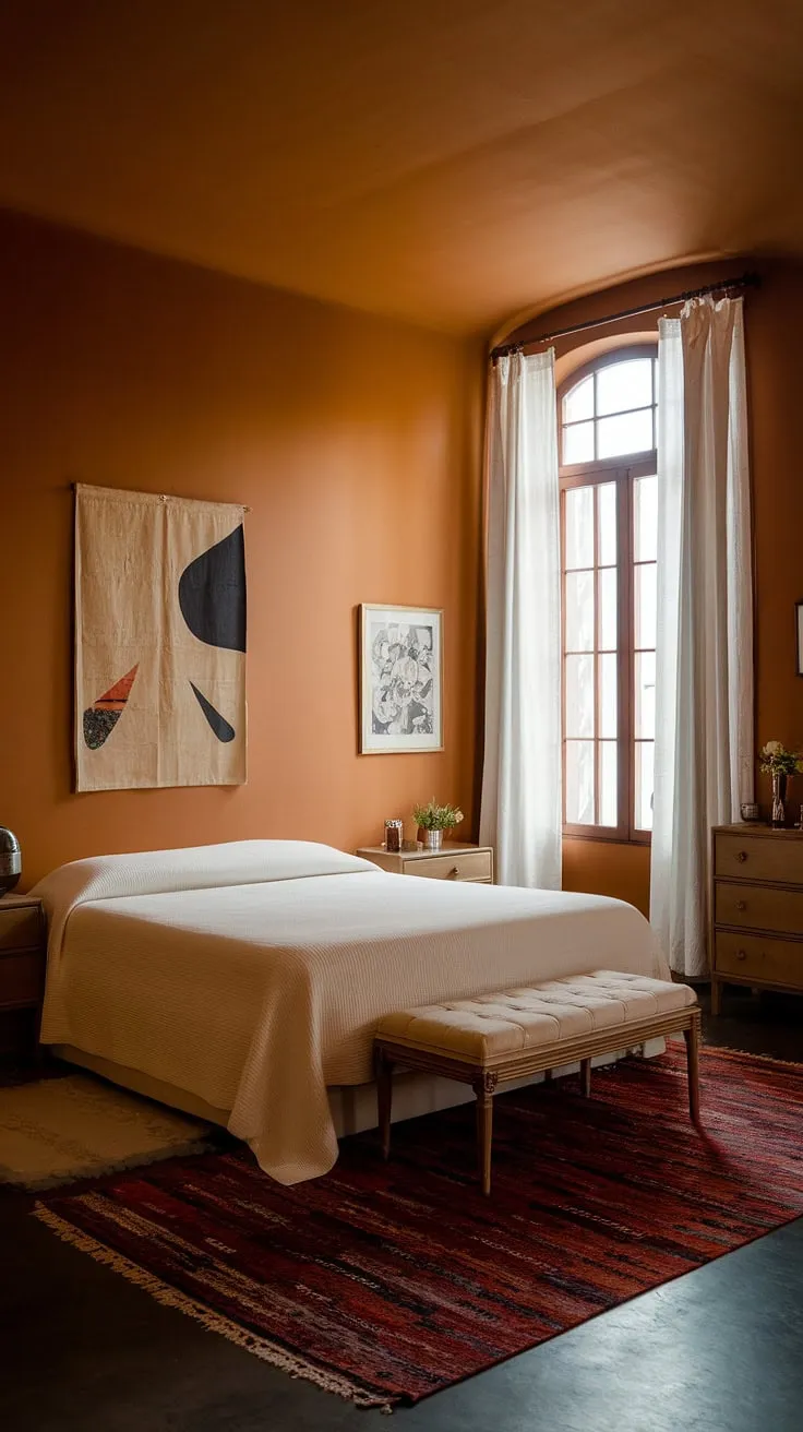 Redecorate bedroom with this simple bedroom design. This aesthetic bedroom in a calming orange hue offers room inspiration bedroom for your new bedroom. A classy bedroom, perfect for interior design per la casa.