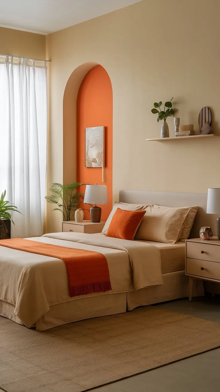 This aesthetic bedroom is a masterclass in simple elegance. The combination of beige and orange creates a sophisticated and calming atmosphere. From the carefully placed plants to the thoughtfully chosen nightstand accessories, every detail contributes to the overall classy bedroom feel. If you're looking for inspiration to redecorate bedroom, this bedroom orange accent wall and neutral palette offer a perfect starting point for your new bedroom design. This interior design per la casa is both stylish and functional.