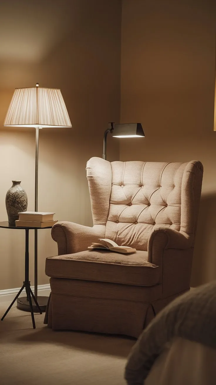 This quiet room design showcases a charming and functional bedroom reading corner. A plush armchair and reading lamp invite you to relax and lose yourself in a captivating story. The small side table, holding a book and decorative item, completes this relaxing area in bedroom, offering a perfect example of snug ideas for small spaces.