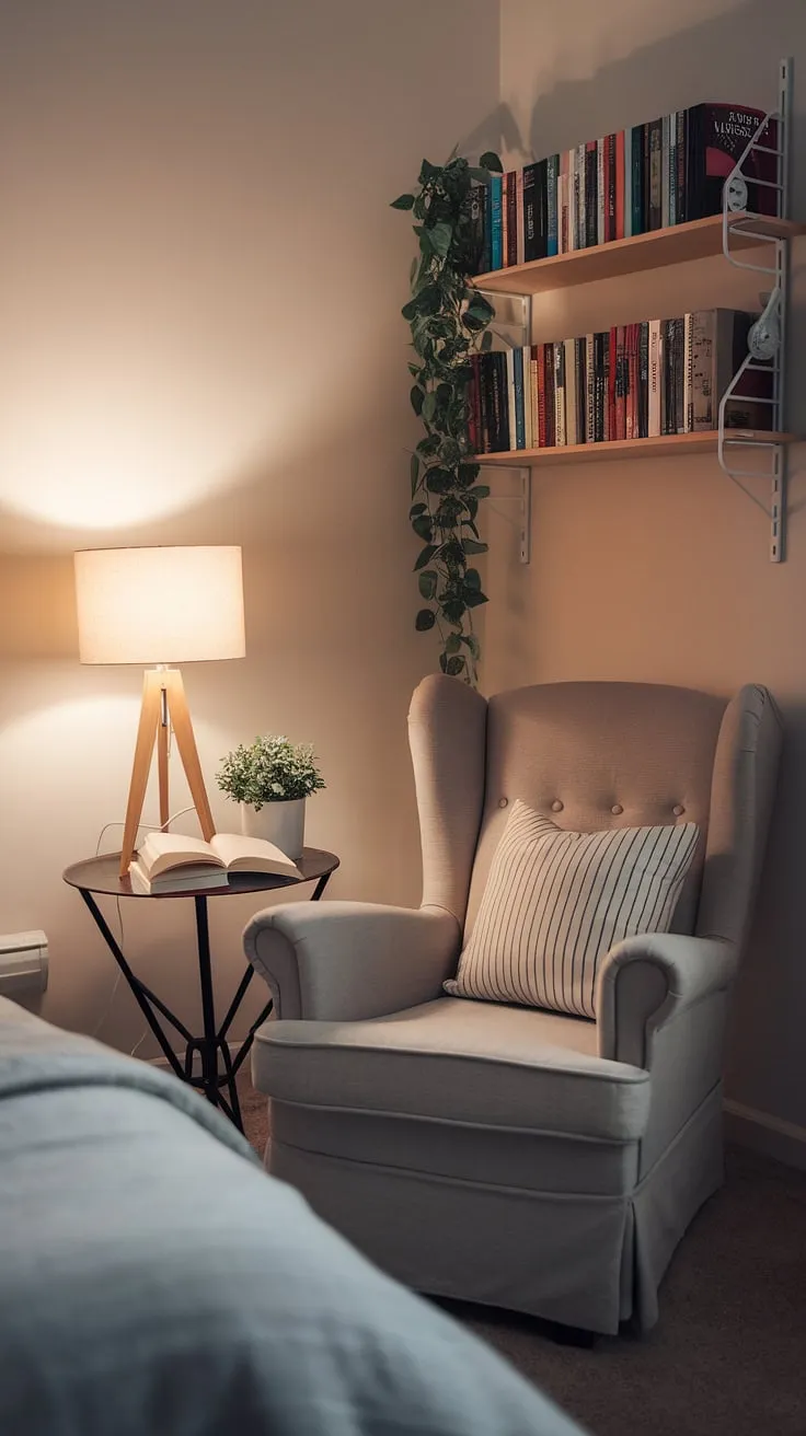 Bathed in soft light, this bedroom reading corner offers a tranquil escape. A comfortable armchair, small table holding a book and lamp, and a nearby shelf overflowing with stories create the perfect relaxing area in bedroom. This quiet room design proves that snug ideas for small spaces can be incredibly effective.