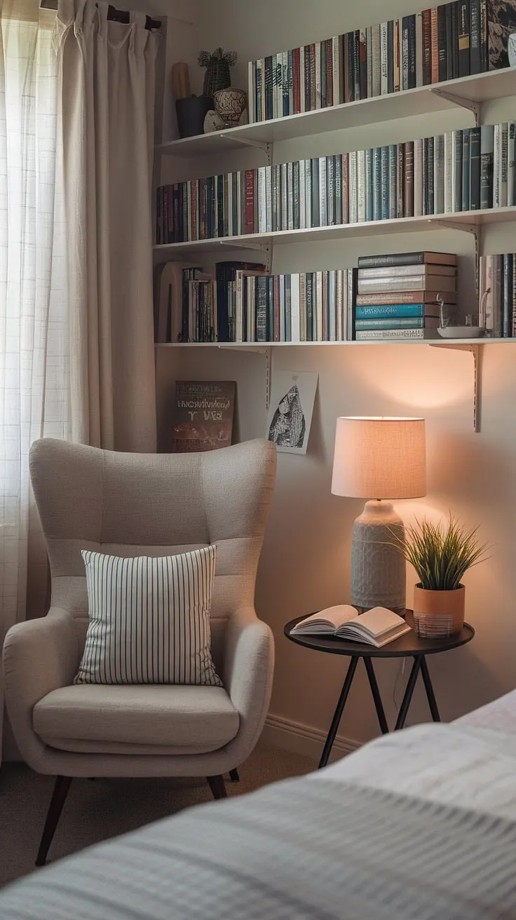 Escape to your own private sanctuary: this bedroom reading corner offers a relaxing area in bedroom, perfect for quiet room design and snug ideas small spaces.