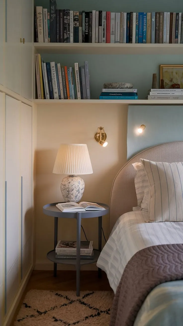 Bathed in soft light, this bedroom reading corner offers a tranquil escape. The small table and lamp beside the bed create the perfect setting for a quiet evening, while the built-in shelf above overflows with literary treasures. A plush rug anchors the relaxing area in bedroom, showcasing snug ideas for small spaces and a quiet room design that prioritizes calm.