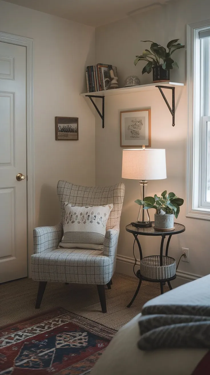 Escape to your own personal sanctuary: this bedroom reading corner offers a relaxing area in bedroom, perfect for quiet room design and snug ideas small spaces.