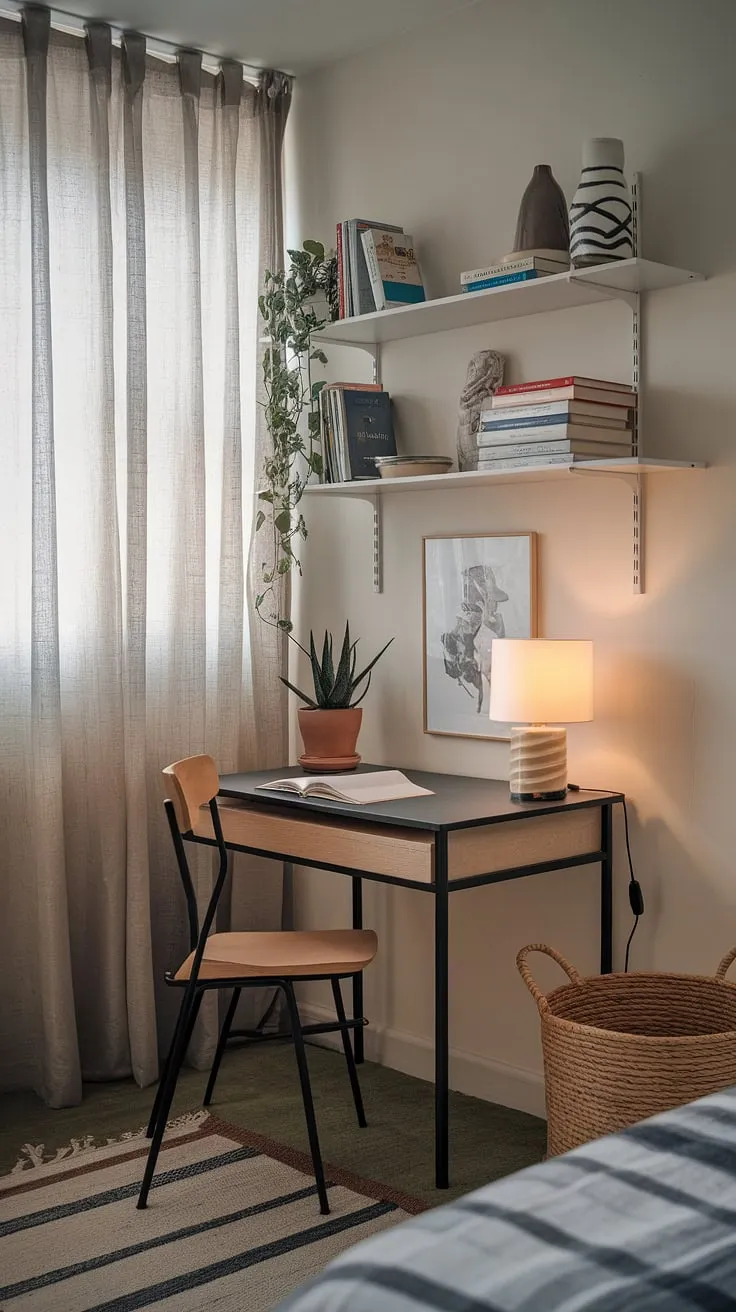 This cozy nook is the epitome of a relaxing area in bedroom. The small desk, adorned with a plant and decorative accents, anchors this bedroom reading corner. With built-in shelves overflowing with books and a plush chair, this quiet room design is a masterclass in snug ideas for small spaces. The gentle light filtering through the curtains completes the serene atmosphere.