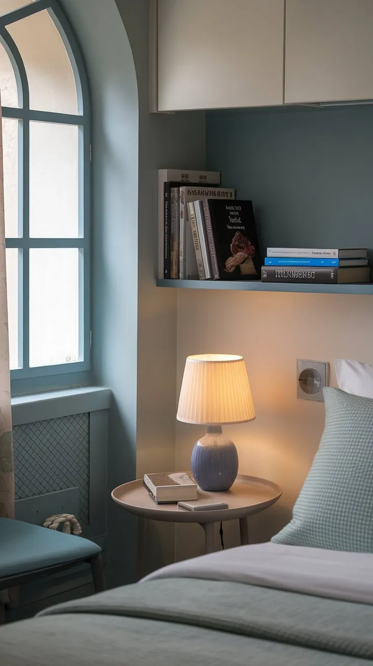This quiet room design features a charming bedroom reading corner, ideal for unwinding with a good book. The simple yet elegant setup, complete with a shelf of books and a comfortable seating area, makes it a perfect relaxing area in bedroom. These snug ideas for small spaces prove that even limited square footage can accommodate a peaceful retreat.