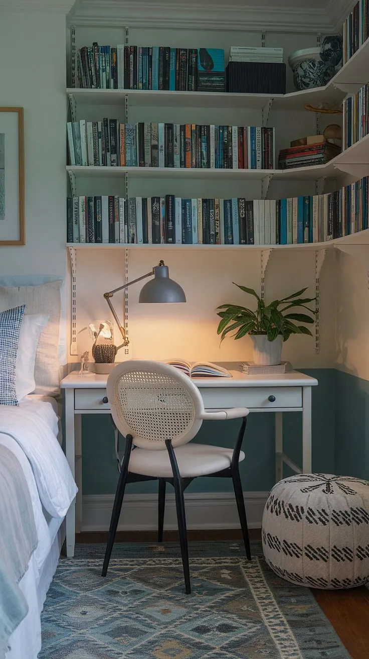 Escape to your own peaceful haven with this cozy bedroom reading corner; a relaxing area in bedroom perfect for quiet room design and snug ideas small spaces.