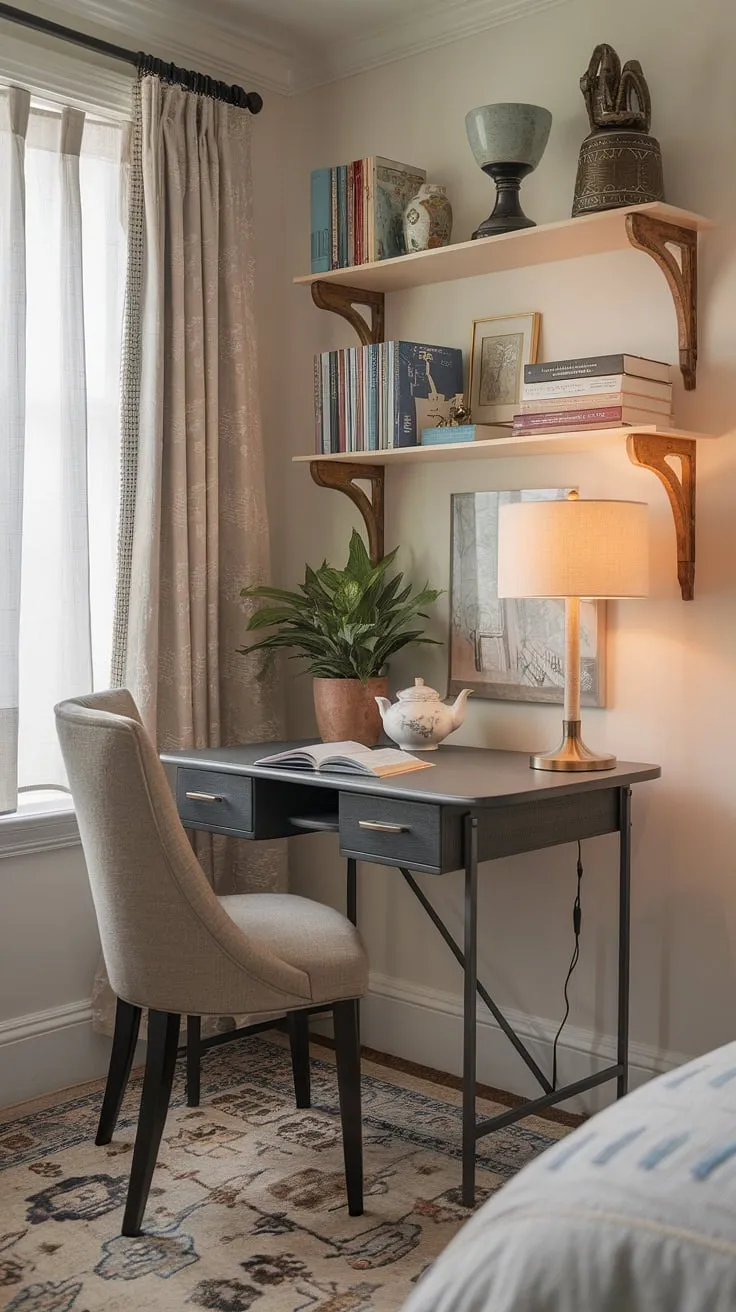 This quiet room design showcases the perfect snug ideas for small spaces: a charming bedroom reading corner. A small desk, nestled on a patterned rug, features a lamp, a thriving plant, and a waiting teapot, creating a relaxing area in bedroom ideal for unwinding with a good book. Bookshelves overflowing with stories complete this peaceful retreat.