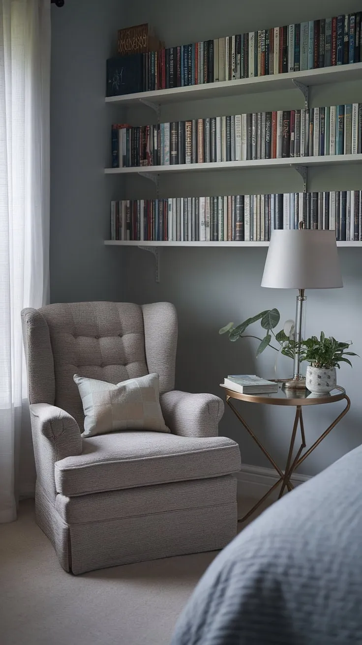 This relaxing area in bedroom is the epitome of cozy. A snug armchair nestled under a window creates the perfect bedroom reading corner. A small table with a lamp, plant, and book adds to the inviting atmosphere. The surrounding bookshelves and quiet room design make this space ideal for escaping into a good book, showcasing clever snug ideas for small spaces.