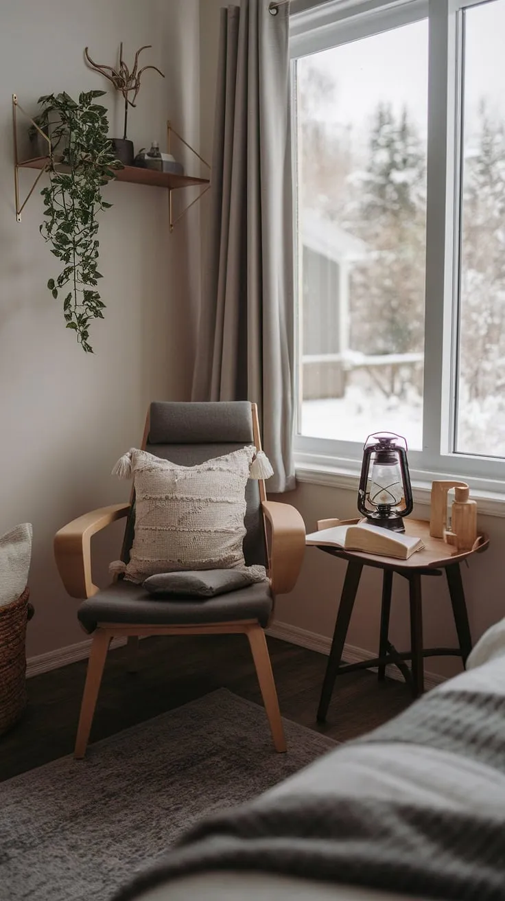 Bathed in the soft glow of a winter's day, this bedroom reading corner offers a tranquil escape. A small wooden chair, plush cushion, and warm throw invite you to curl up with a good book. The snow-covered window, framed by a cozy curtain, adds to the serene atmosphere. This quiet room design is perfect for those seeking a relaxing area in bedroom, showcasing snug ideas for small spaces.