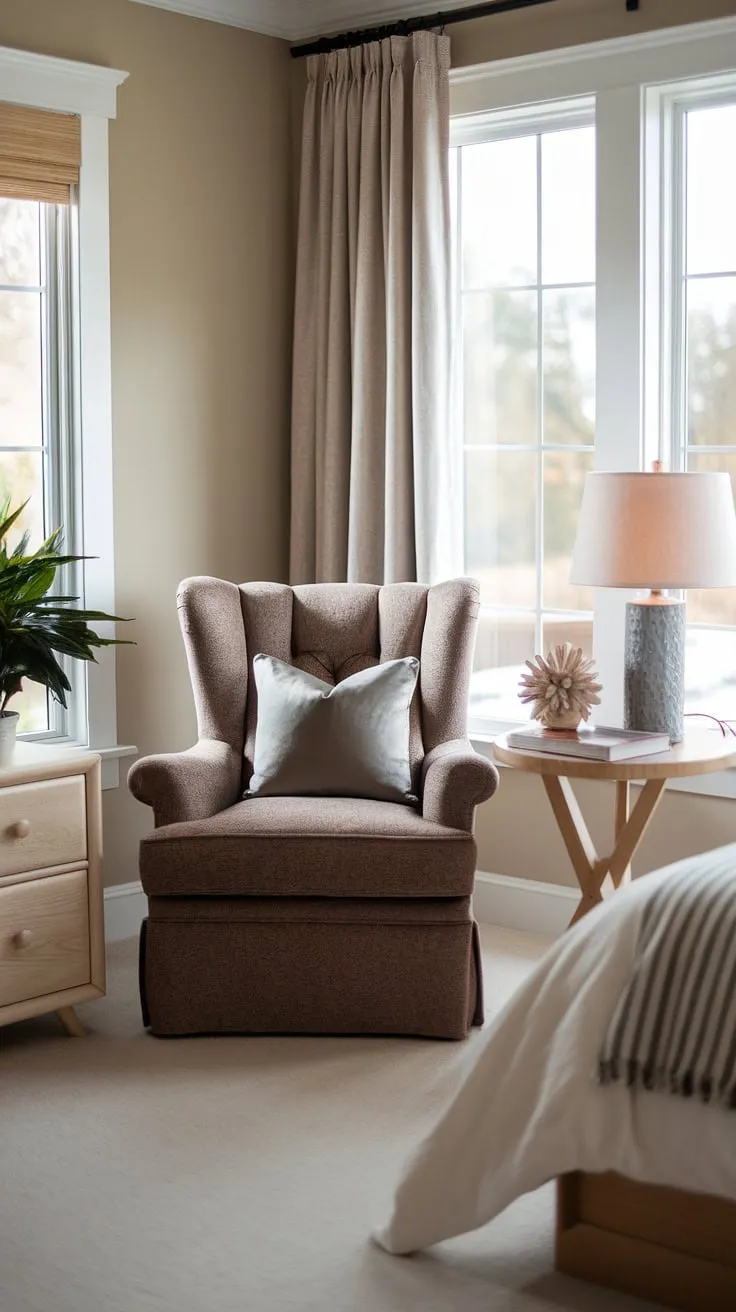 This quiet room design showcases a cozy and functional bedroom reading corner. The plush armchair positioned near the window maximizes natural light, creating a relaxing area in bedroom ideal for quiet contemplation. Simple yet elegant, this setup demonstrates clever snug ideas for small spaces, proving that even small bedrooms can accommodate a dedicated and peaceful reading nook.