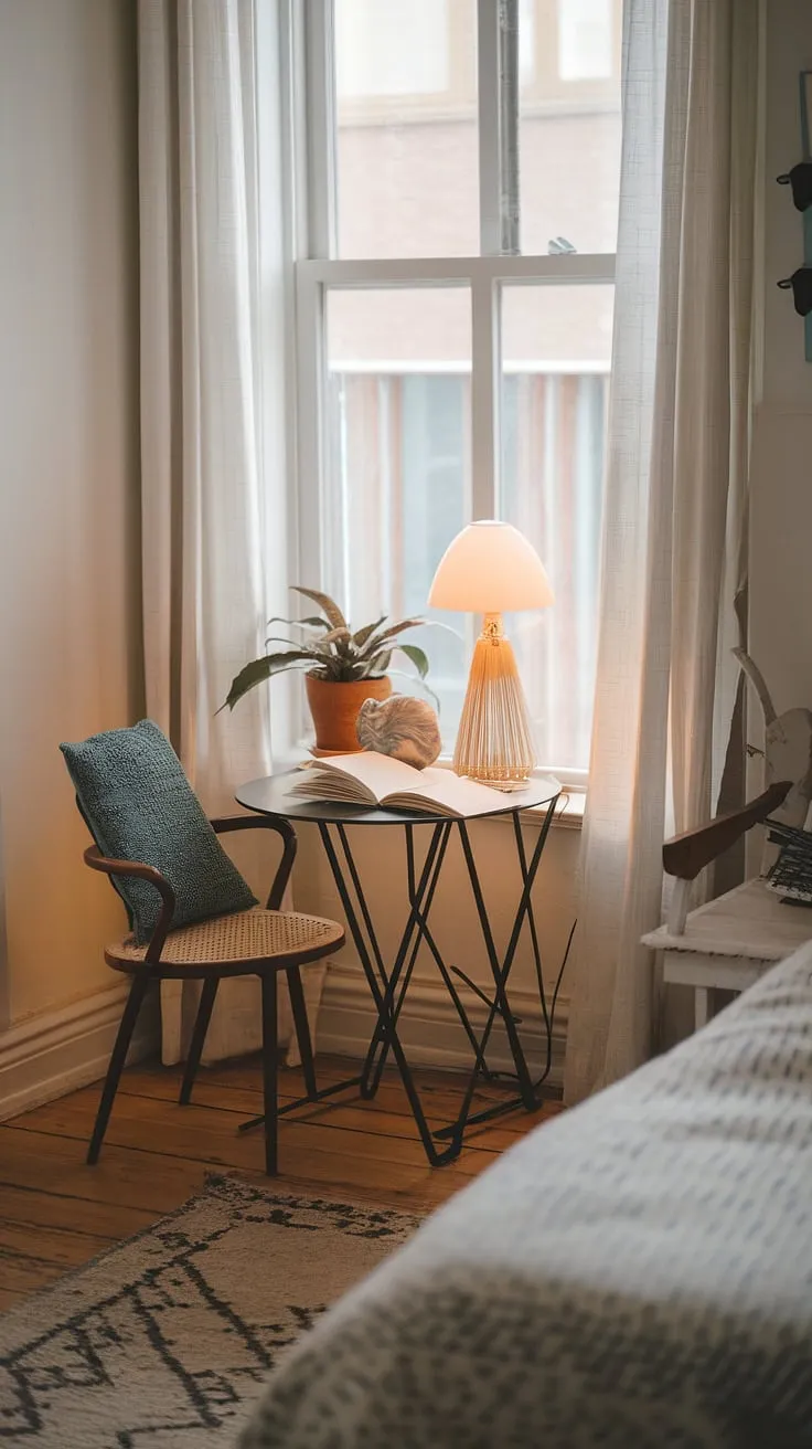 Sunlight streams into this peaceful bedroom reading corner, illuminating a charming scene of quiet comfort. The small space, cleverly designed with a table, lamp, and inviting chair, provides the ideal spot to lose yourself in a good book. This relaxing area in bedroom is a testament to the beauty of snug ideas for small spaces, offering a haven of calm within a quiet room design.