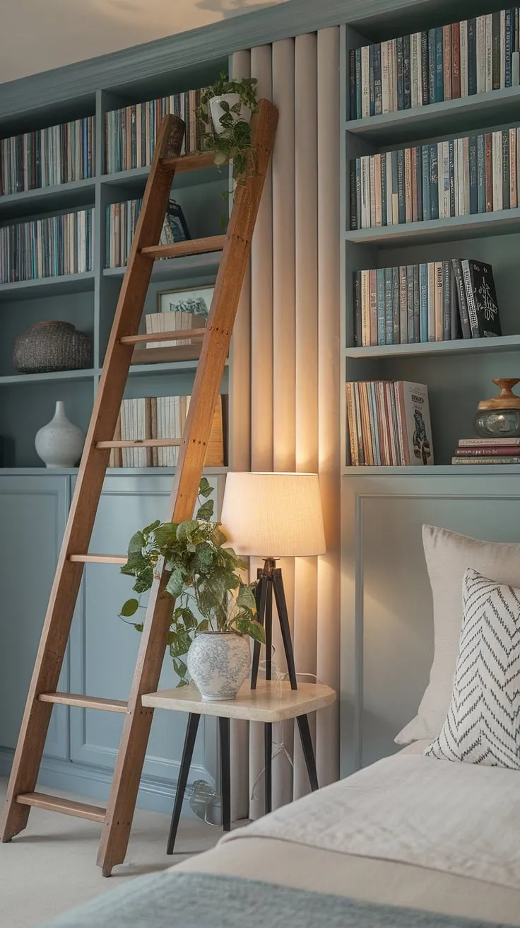 This quiet room design showcases a cozy and inviting bedroom reading corner. A simple wooden ladder leans against a book-filled shelf, creating a charming focal point for this relaxing area in bedroom. The small table with its lamp and plant adds to the peaceful atmosphere, offering snug ideas small spaces for quiet reading and relaxation.
