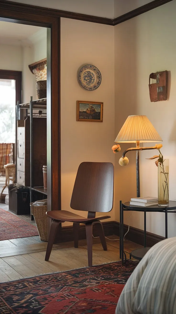 Nestled in this quiet room design is a charming bedroom reading corner, a relaxing area in bedroom perfect for escaping the day. The wooden chair and small table, adorned with a lamp and flowers, create a snug space ideal for losing yourself in a good book. These snug ideas for small spaces prove that even a compact room can offer a haven of tranquility.