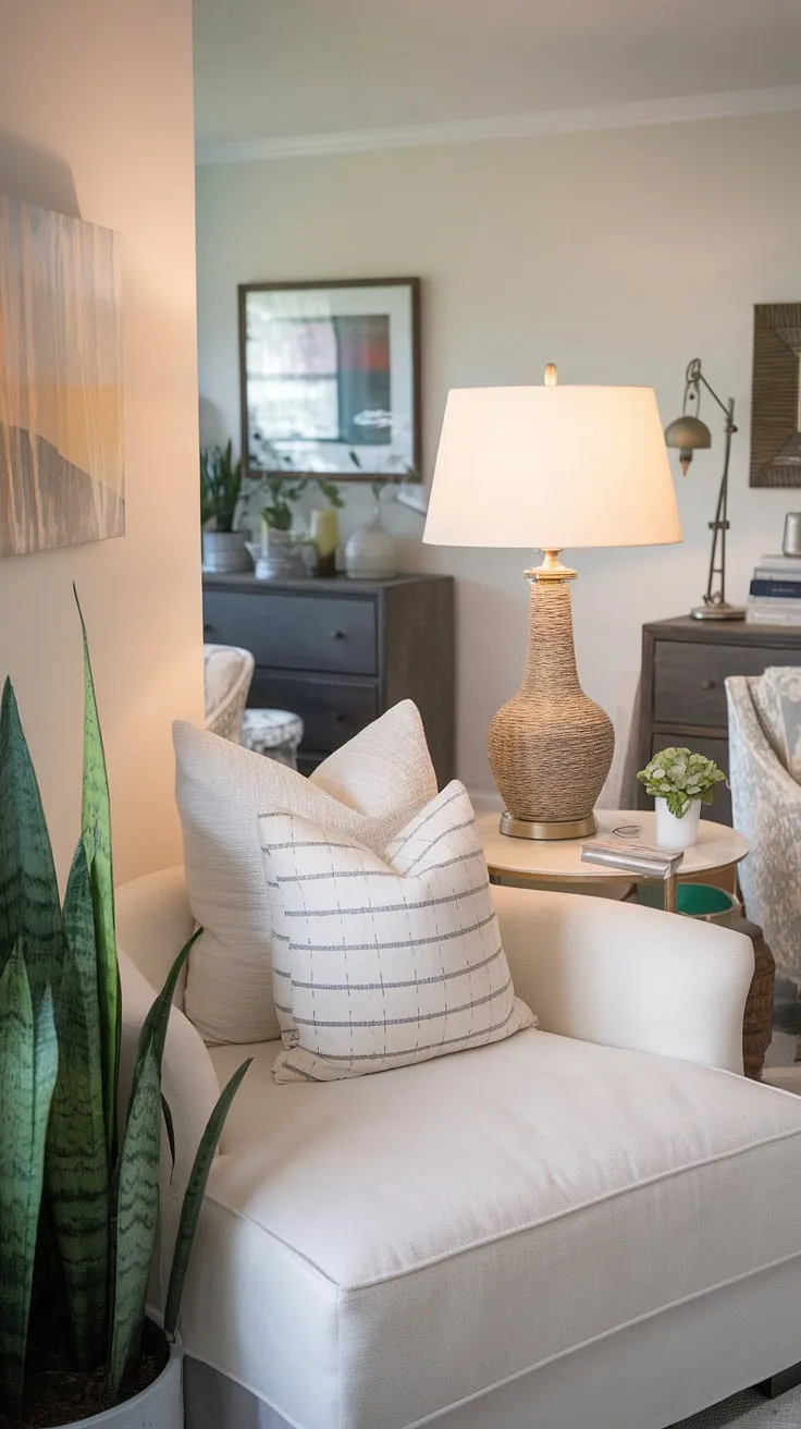 This quiet room design features a charming bedroom reading corner, ideal for unwinding. The relaxing area in bedroom is perfectly sized for snug ideas in small spaces, offering a peaceful retreat with soft lighting and comfortable seating.
