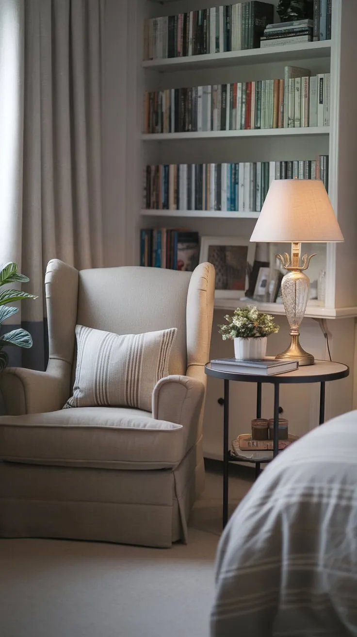 Escape to this cozy bedroom reading corner, a relaxing area in bedroom designed for quiet contemplation. The soft lighting and small table with lamp and plant create the perfect ambiance for unwinding with a good book. Snug ideas for small spaces don't get much better than this.
