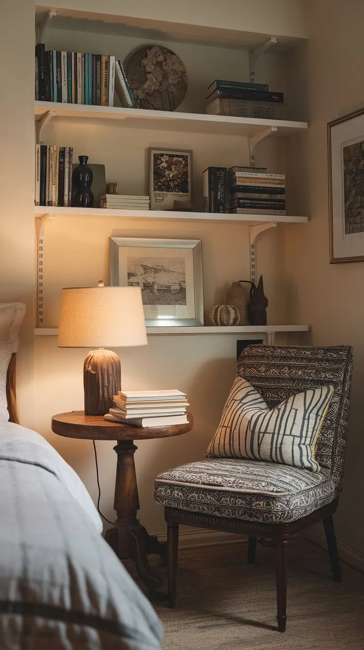 Escape to your own private sanctuary: this bedroom reading corner offers a relaxing area in bedroom, perfect for quiet room design and snug ideas small spaces.