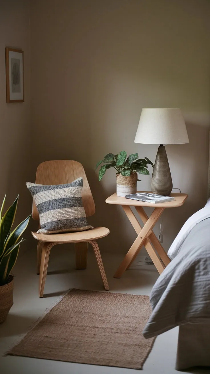 This calming bedroom reading corner offers a tranquil escape. The muted walls and simple furniture—a small wooden chair and matching side table—contribute to the relaxing area in bedroom's peaceful ambiance. Perfect for snug ideas small spaces, this quiet room design is ideal for losing yourself in a good book.