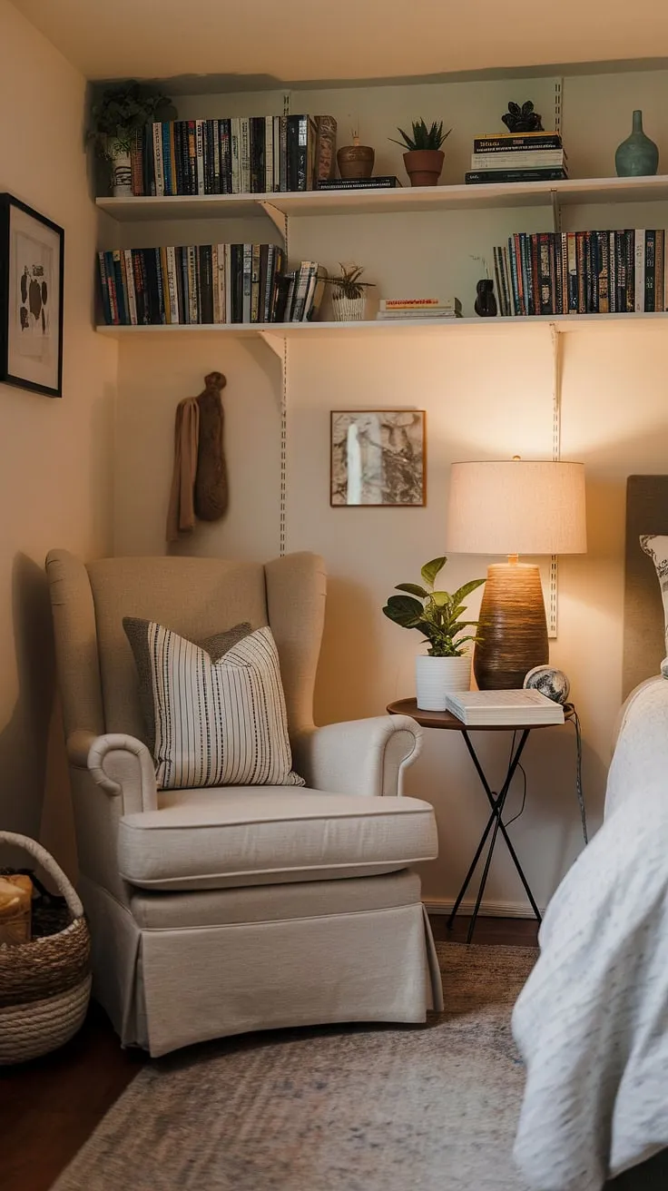 Curled up with a good book in this cozy bedroom reading corner. A relaxing area in bedroom, this quiet room design is the epitome of snug ideas for small spaces.