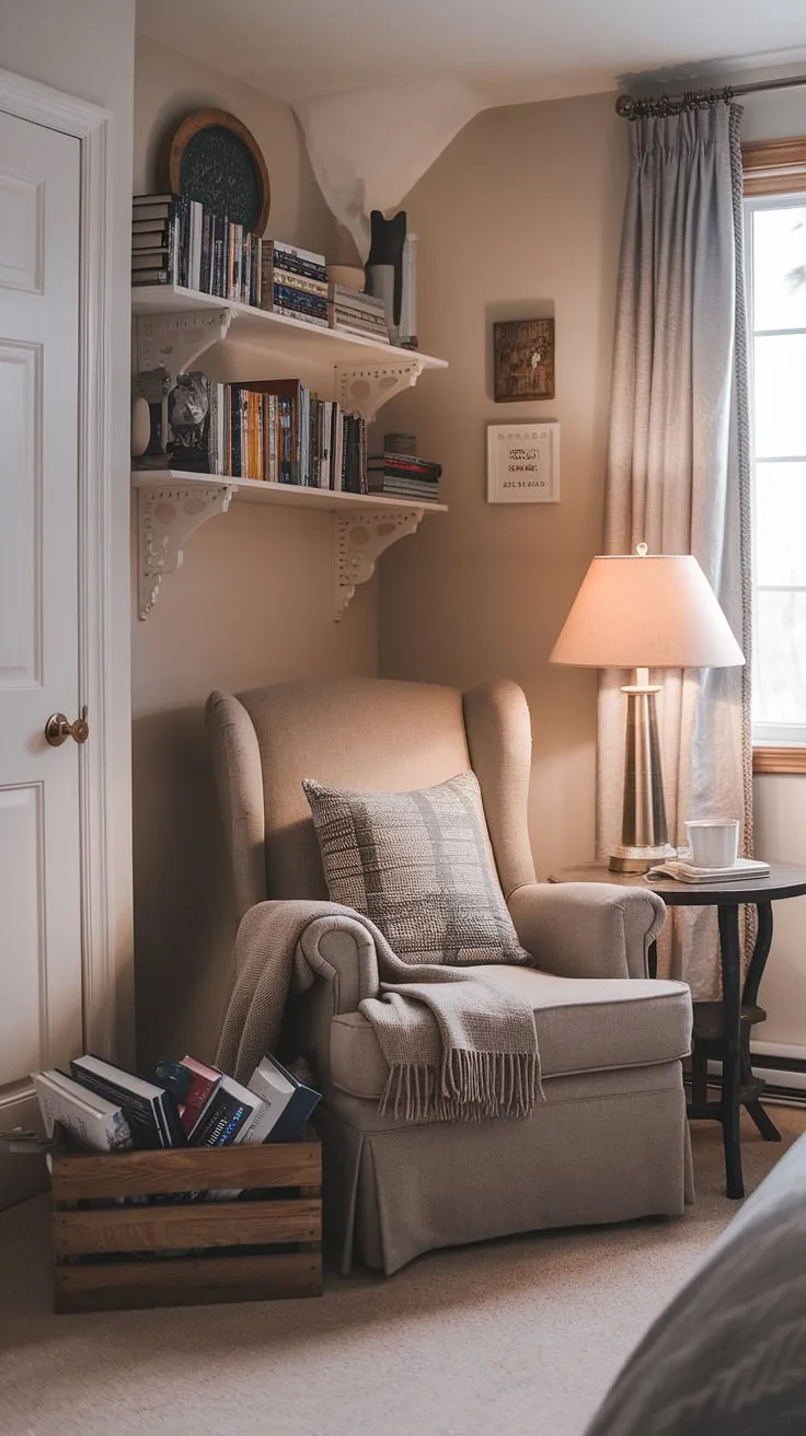 Escape to this quiet room design, a perfectly curated bedroom reading corner. The snug ideas for small spaces are evident in the efficient use of the area, transforming it into a relaxing area in bedroom. A comfortable armchair, a nearby lamp, and easy access to books in a wooden crate and wall shelf create the ultimate haven for quiet contemplation.