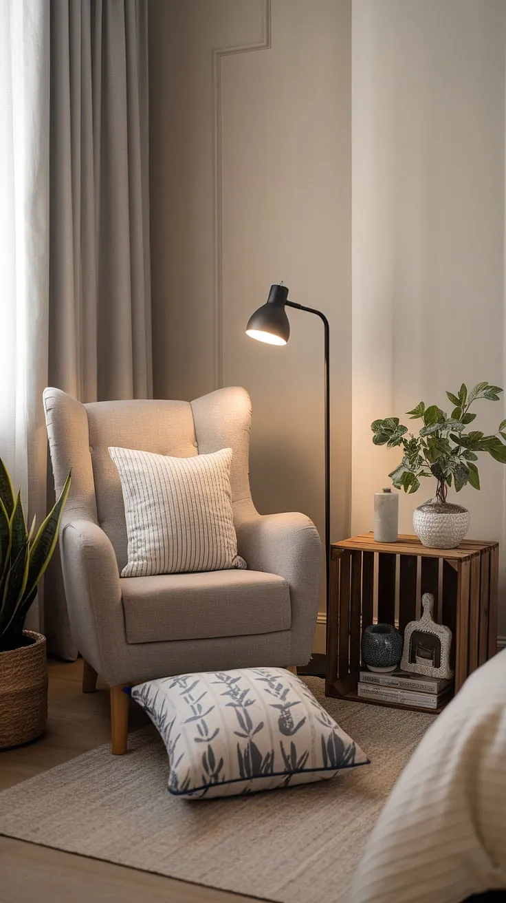 Escape to your own private sanctuary: this bedroom reading corner offers a relaxing area in bedroom, perfect for quiet room design and snug ideas small spaces.