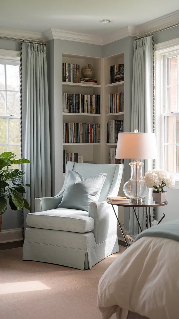 Bathed in soft natural light, this bedroom reading corner offers a tranquil escape. A comfortable chair, plush pillow, and nearby lamp create the perfect relaxing area in bedroom for losing yourself in a good book. The quiet room design, complete with a bookshelf brimming with stories and a touch of greenery, provides snug ideas for small spaces, making even a small bedroom feel spacious and inviting.