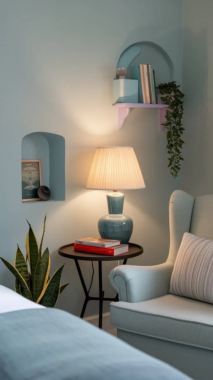 Escape to this tranquil bedroom reading corner, a perfect relaxing area in bedroom designed for quiet contemplation. The soft blue walls and cozy armchair, complete with a comforting cushion, create a snug haven for reading. A small table holds a lamp and a few beloved books, while a potted plant and small shelf add charming details, showcasing clever snug ideas for small spaces.