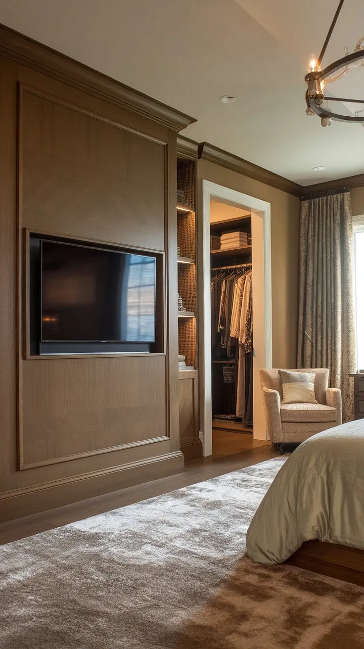 Indulge in the ultimate sanctuary: a classic modern bedroom design where luxury meets tranquility.  The master suite's hidden TV, seamlessly integrated into the stunning wood paneling, offers the perfect blend of sophistication and entertainment. This bedroom tv wall exemplifies innovative bedroom television ideas, showcasing wall paneling ideas for bedrooms that are both stylish and functional.  Discover the art of hiding a tv in a bedroom, creating a serene space that's perfect for relaxation.  This luxury modern bedroom, complete with a plush rug and elegant chandelier, redefines bedroom decor.