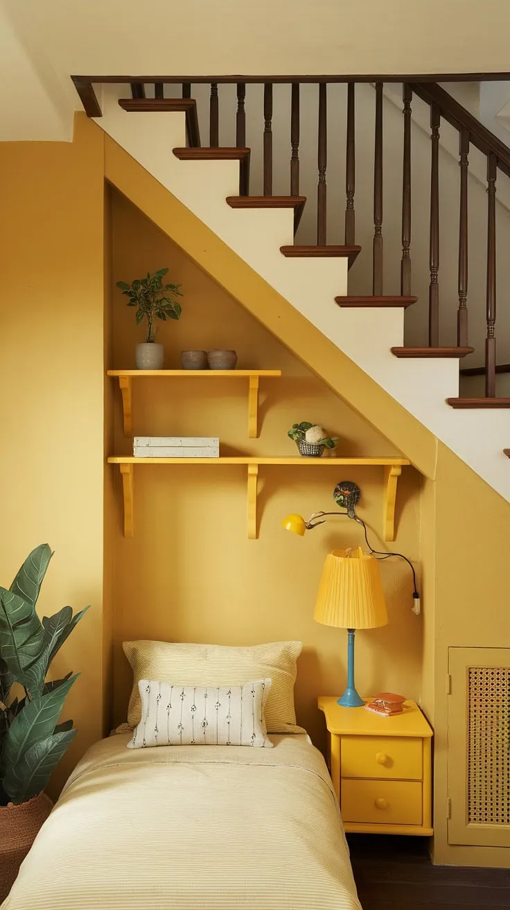 Sunlight streams into this cozy under stairs room, a testament to creative under stairs space utilization.  The yellow decor and yellow accents create a cheerful and inviting atmosphere in this small bedroom under stairs, showcasing clever under stairs storage solutions and brilliant yellow bedroom ideas.