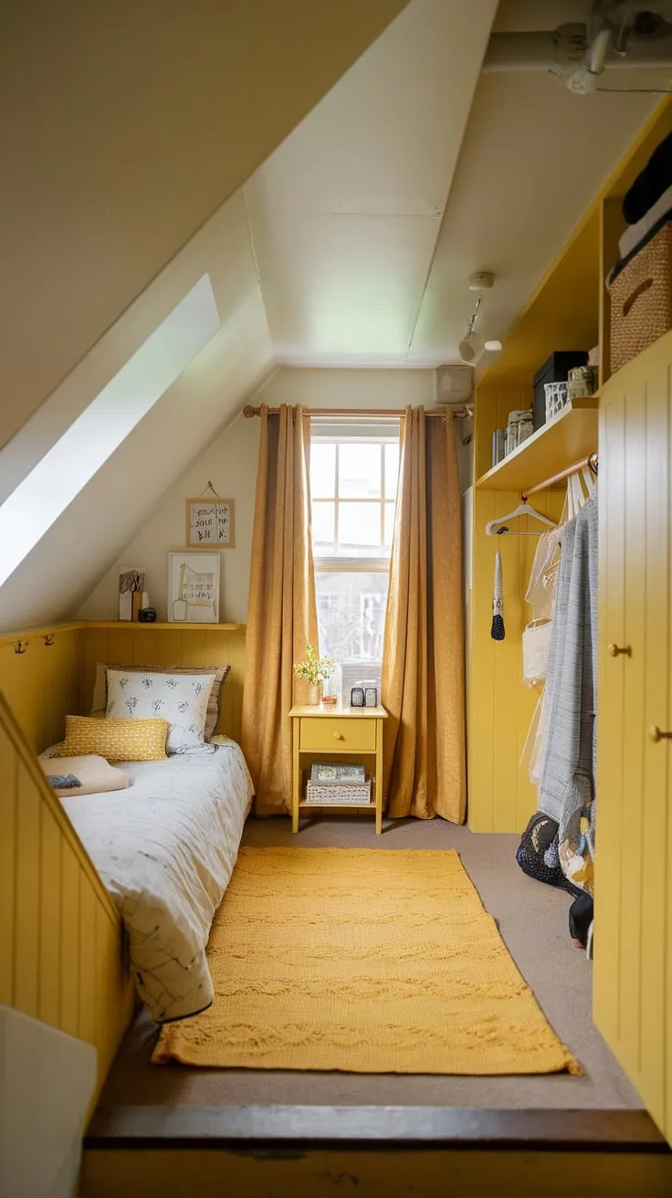 This cozy under stairs room, a testament to creative under stairs space utilization, proves that even a small bedroom under stairs can be brimming with charm.  Yellow accents and clever under stairs storage solutions create a surprisingly spacious and cheerful yellow bedroom, perfect for restful nights.