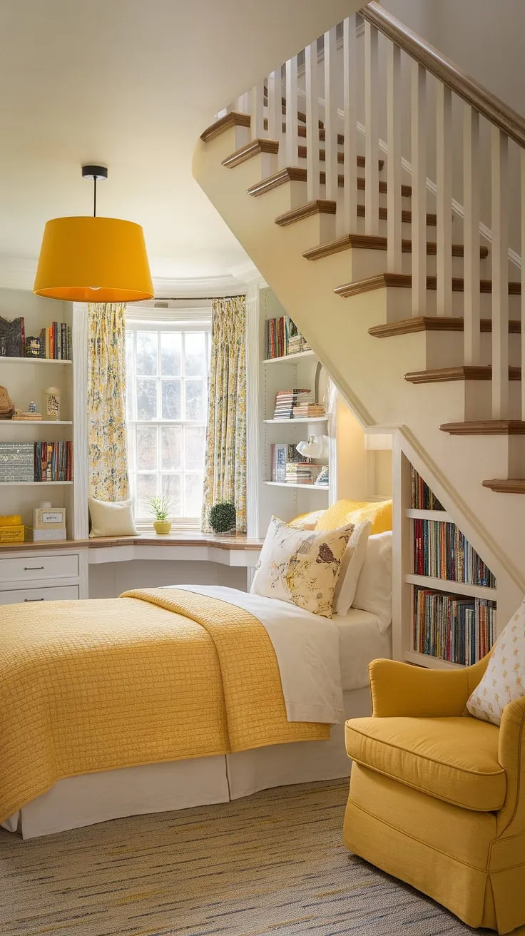This charming bedroom under stairs, with its cheerful yellow decor and yellow accents, proves that even the smallest spaces can be maximized.  Discover the joy of a cozy under stairs room, brimming with personality and clever under stairs storage solutions.  Find inspiration for your own yellow bedroom ideas in this creative under stairs space.
