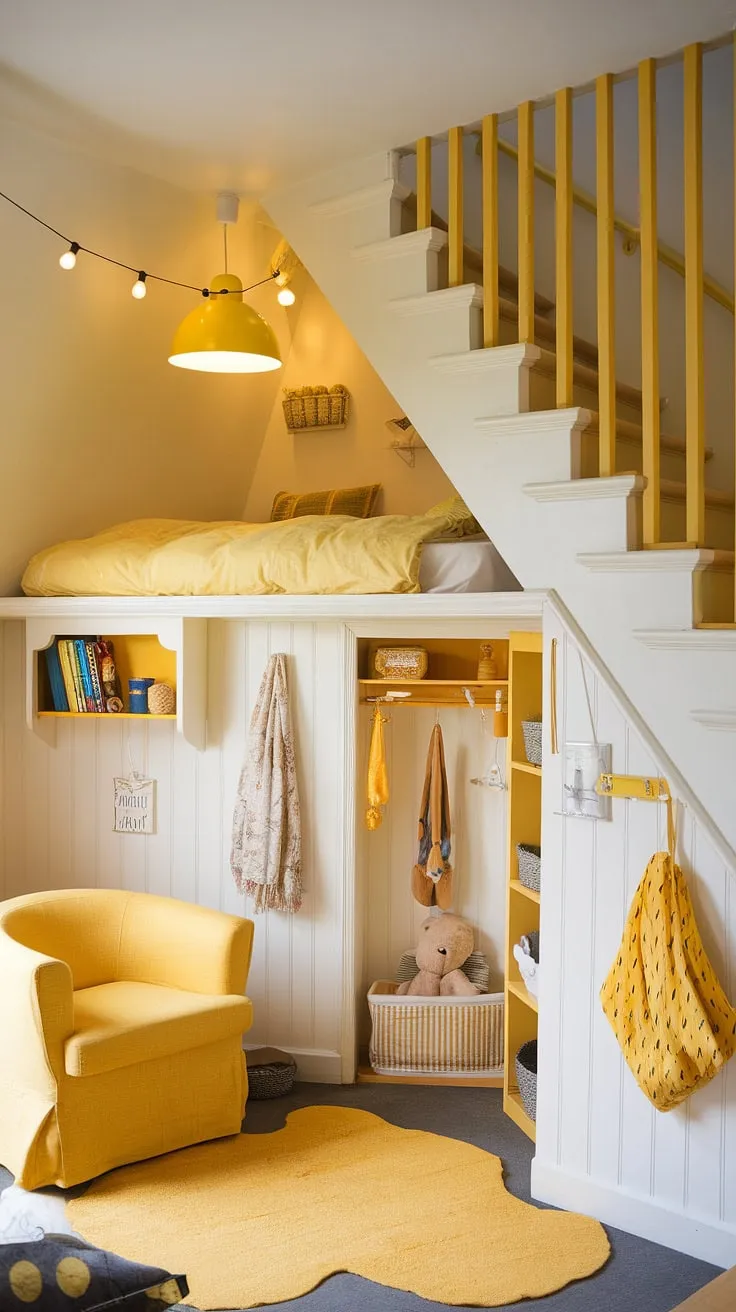 Sunlight streams into this cozy under stairs room, a testament to clever design and yellow decor.  The small bedroom under the stairs maximizes space with under stairs storage solutions and yellow accents, creating a cheerful and inviting under stairs nook. This yellow bedroom ideas showcase how a creative under stairs space can become a haven.