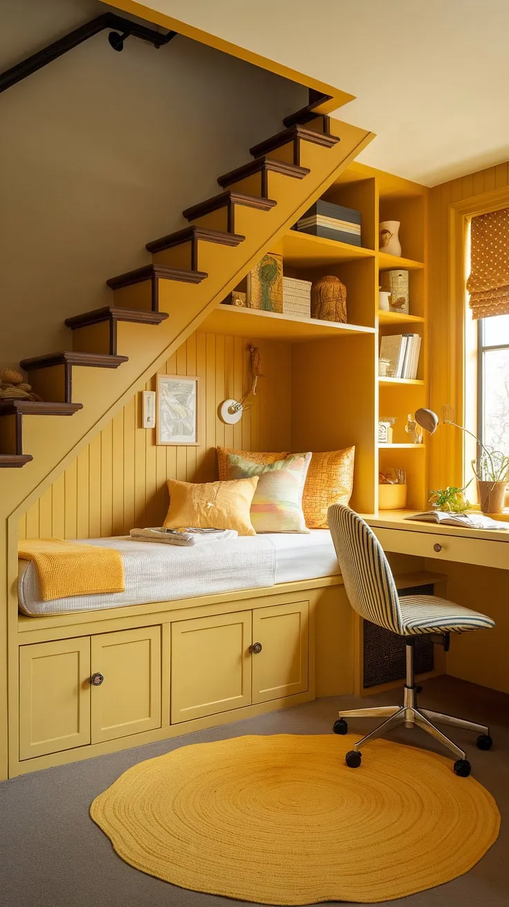 Transforming an under stairs nook into a charming under stairs bedroom was a dream come true!  This small bedroom under stairs boasts a delightful yellow decor, with yellow accents adding warmth and personality.  The under stairs storage solutions maximize space, making this cozy under stairs room the perfect haven.