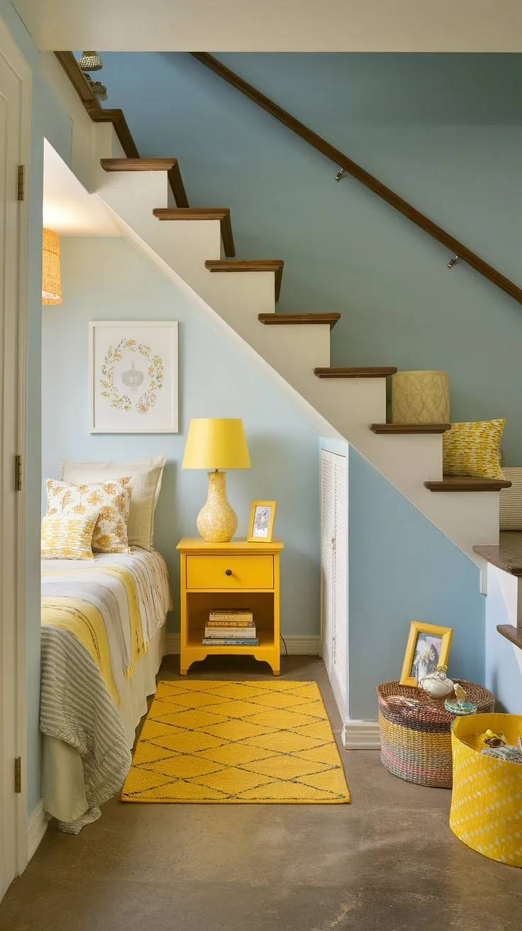 Sunlight streams into this charming under stairs bedroom, highlighting the yellow decor and cozy under stairs room ambiance.  Smart under stairs storage solutions maximize space in this small bedroom under stairs, creating a surprisingly spacious and inviting under stairs nook.