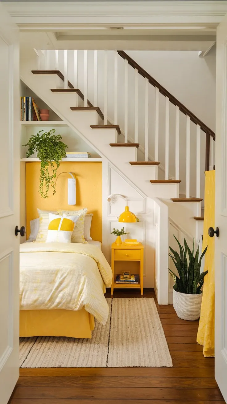 Sunlight streams into this cozy under stairs room, a haven of yellow decor and clever under stairs storage solutions.  The small bedroom under stairs feels surprisingly spacious, thanks to the cheerful yellow accents and creative under stairs space planning.  Perfect yellow bedroom ideas for a snug and stylish under stairs nook.