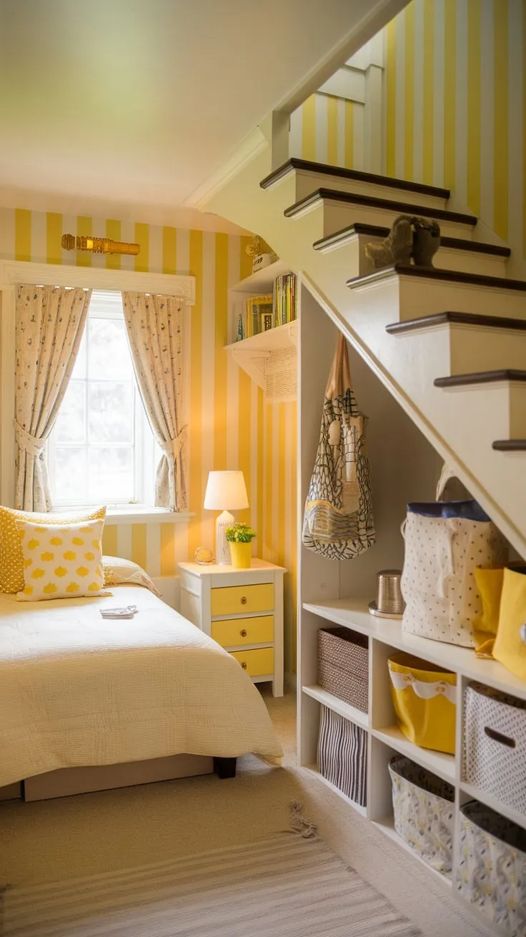 Transforming an under-stair area into a charming under stairs bedroom was a stroke of genius!  This small bedroom under stairs boasts yellow decor and yellow accents that brighten the space, making it feel surprisingly spacious.  The under stairs storage solutions are both practical and stylish, showcasing how to best utilize a creative under stairs space.  This yellow bedroom ideas inspiration is all about maximizing a cozy under stairs room.