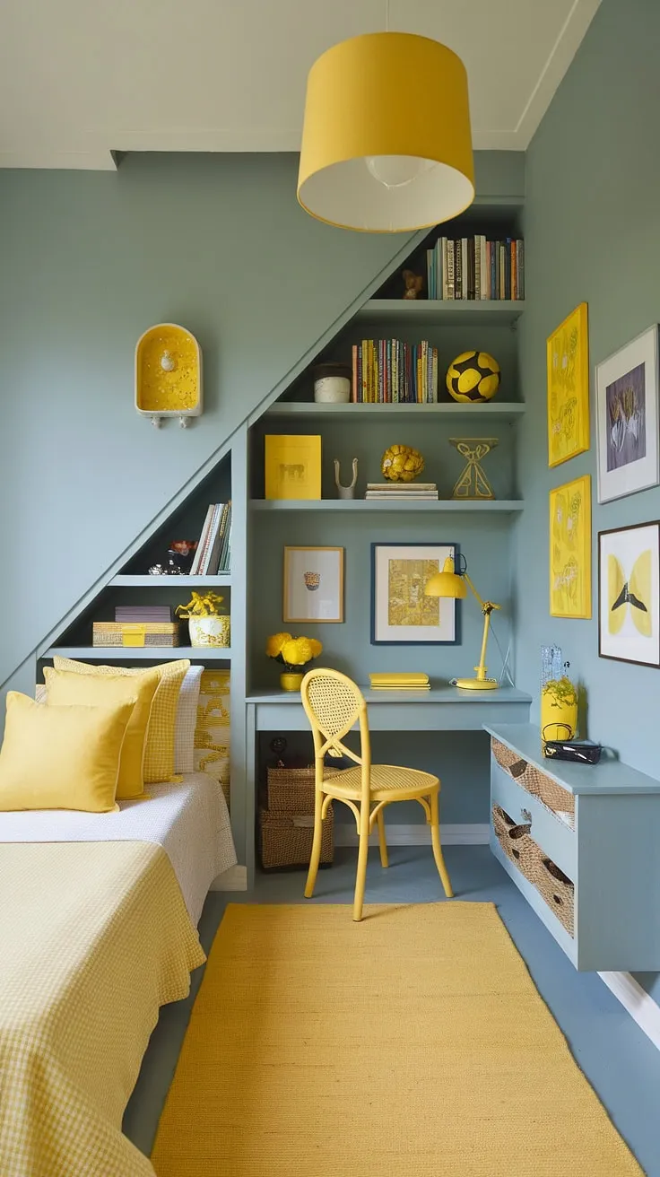 Transforming an under stairs bedroom into a sun-drenched sanctuary! This small bedroom under the stairs boasts clever under stairs storage solutions, showcasing brilliant yellow decor and yellow accents.  The result? A cozy under stairs room brimming with personality and charm, offering inspiration for your own yellow bedroom ideas and creative under stairs space.  A perfect under stairs nook.