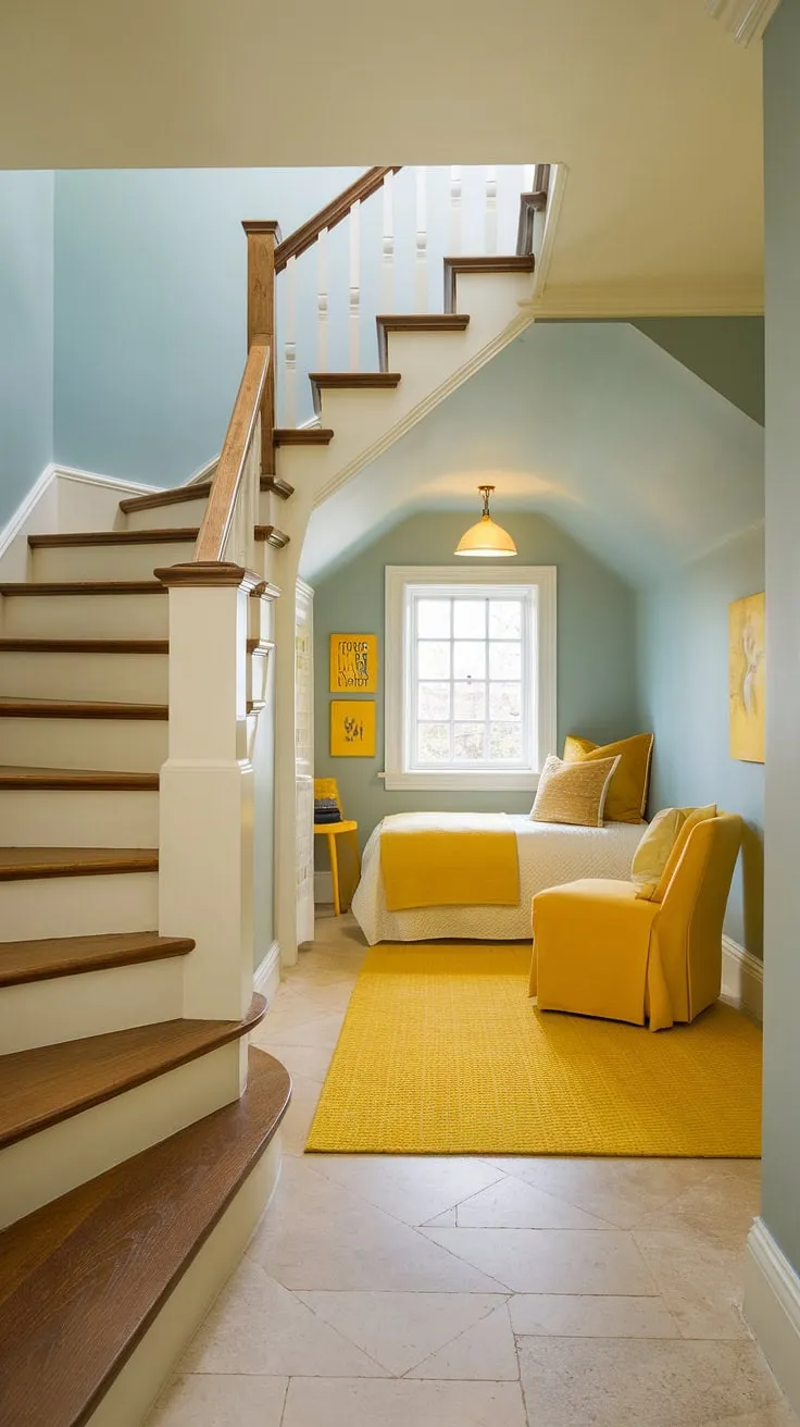 Transforming a forgotten under stairs nook into a charming under stairs bedroom? This yellow decor and yellow accents prove it's possible!  This small bedroom under stairs is a delightful blend of cozy under stairs room design and practical under stairs storage solutions, showcasing brilliant yellow bedroom ideas in a creative under stairs space.