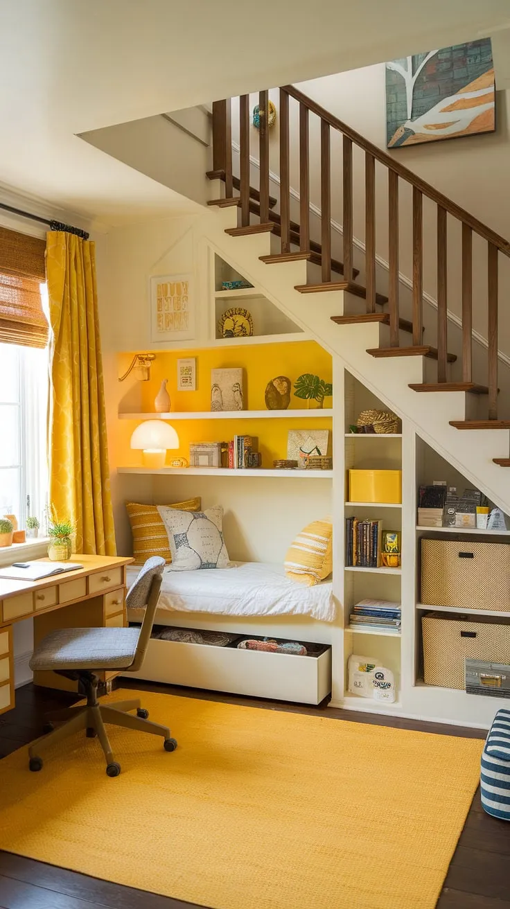 Transforming an under stairs nook into a charming under stairs bedroom was a dream come true!  This small bedroom under stairs boasts yellow decor and yellow accents for a sunny disposition.  The under stairs storage solutions are a bonus, making this creative under stairs space both beautiful and practical.  Yellow bedroom ideas at their finest.